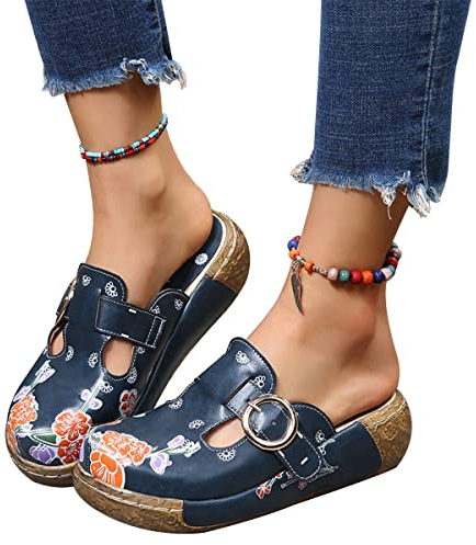 Onsoyours Sabots Femme Compensées Clogs Mules Plates Plateforme Sandales en Cuir Eté Pantoufles Chaussures Confort pour Pieds Larges A Marine 38 EU
