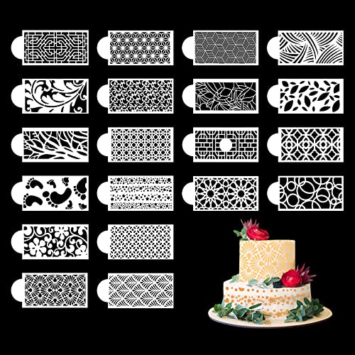 Modixun 20pcs Cake Decorating Stencils, Hollow Lace Cake Decoration Templates, Floral Wedding Cake Stencils Decorating Buttercream Templates, 10.4×4.5in