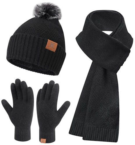 Bequemer Laden Damen Winter Warm Mütze Touchscreen Handschuhe und Lang Schal Set mit Dick Fleece Gefütterte, Thermo Wintermütze Strickmütze Beanie Schals Winterhandschuhe Strickhandschuhe, Schwarz