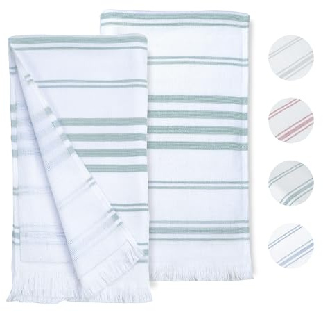 Ample Decor Mint Green Set of 2 Striped Turkish Hand Towels for Bathroom, 100% Cotton, 28x16 Inch, Soft Absorbent Decorative Bath Hand Towels