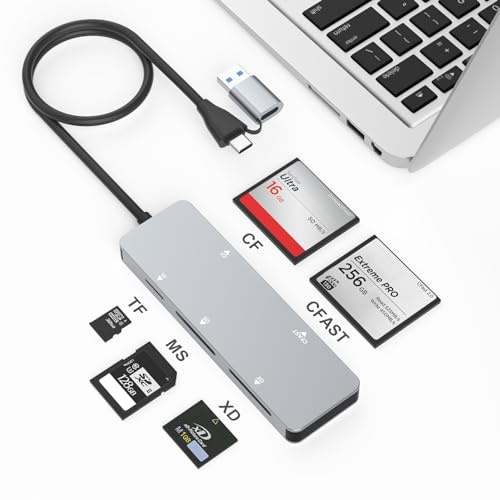 Yeemie Lettore di schede CFast,USB 3.0 USB C CFast 2.0 Card Reader,Adattatore per scheda di memoria CFast ad alta velocità in alluminio da 5 Gbps per CFast/CF/SD/TF/XD, lettura simultanea di 5 schede