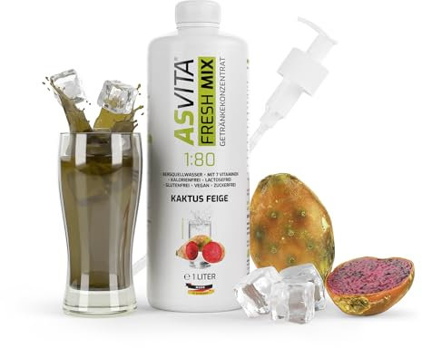 AsVita Getränkekonzentrat Fresh Mix 1:80-1L Flasche inkl. Dosierpumpe - Getränke Sirup zuckerfrei - 26 leckere Geschmacksrichtungen (Kaktus-Feige)