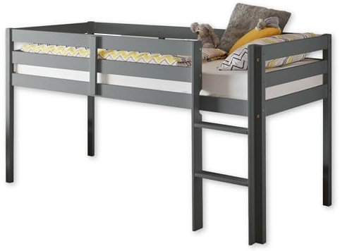 KENI Modernes Hochbett mit Leiter & 90 x 200 cm Liegefläche - Platzsparendes Kinder Etagenbett aus massiver Kiefer, Grau - 97 x 113 x 207 cm (B/H/T)