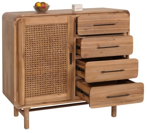 Mendler Kommode HWC-M47, Schrank Sideboard Highboard, Staufächer Schublade, Rattan Akazie Massiv-Holz gebeizt 101x109x45cm 44kg