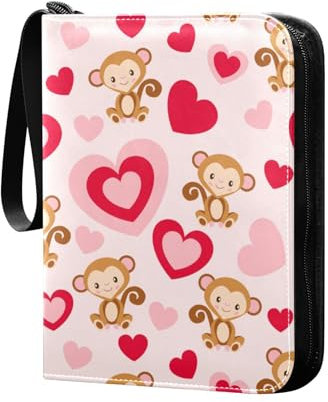 Valentines Süßes Herz Affe Sammelkartenalbum 4 Taschen Kartenordner 50 Seiten 400 Karten PU Reißverschluss Kartenbinder Aufbewahrung Halter für Sportspielkarte