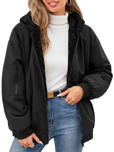 Tuopuda Cappotto Giubbotto Donna Invernale Giacca Cappotti Imbottita Caldo Parka Reversibile Sherpa Fleece Oversize Felpa con Cappuccio Giacche Corta Giaccone Outdoor, Nero, M