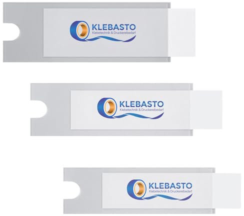 KLEBASTO Beschriftungsfenster selbstklebend | Selbstklebetaschen inclusive Einsteckschilder | Etikettenhalter zum kleben für Regale,Mappen,Ordner | schmale Seite offen (24, 19mm x 75mm)