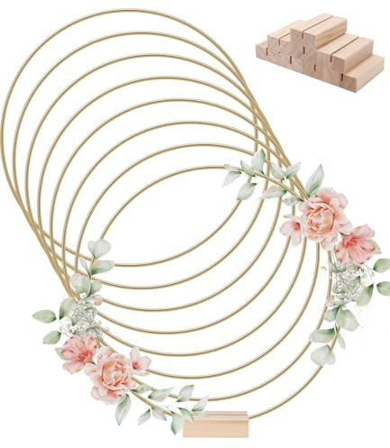 Ixydor 8 Pezzi Centrotavola a Cerchio Floreale in Metallo Cerchio Metallo 30 cm Cerchi per Ghirlande Floreali con 8 Base in Legno per Realizzare Decorazioni per Ghirlande da Tavolo di Nozze