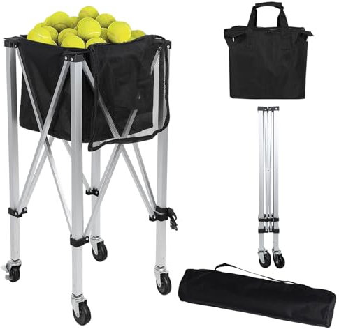 cadciehe Faltbarer Tennisballwagen mit Rollen, tragbar, leicht, hält 160 Bälle, Tennisball-Hopper, Sportlehrwagen, Tennisballkorb mit abnehmbarer Tasche, Seitentaschen, 1 Set