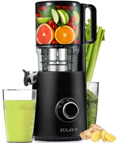 Zulay Kitchen Cold Press Juicer Machine with 5 Wide Feed Chute, Slow Masticating Juicer for Whole Fruits & Vegetables, Easy to Clean, Stainless Steel Blades, High Juice Yield - Black