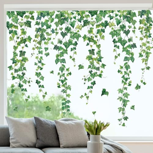 Whaline 9 Sheets Hanging Greenery Vine Window Cling Stickers Summer Evergreen Ivy Leaves Windows Decals Watercolor Plant Reusable Window Decoration for Party Home Office Classroom