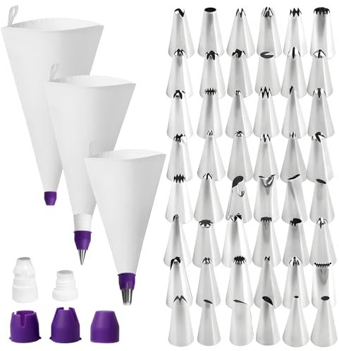 AYSYR Piping Bags and Nozzles Set, 12/14/16in Icing Piping Kit, 3PCS Reusable Piping Bag with 48 Stainless Steel Piping Nozzles, Icing Bags with Coupler, for DIY Cupcake Biscuits Chocolates Waffles