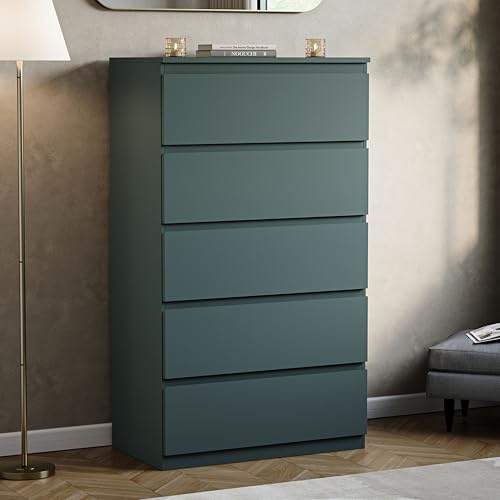 Vida Designs Denver 5 Drawer Chest of Drawers | Jasper Green | Space-Saving Storage | 117H x 70W x 40D cm | Minimal | Smooth Metal Runner | Engineered Wood | Modern Bedroom Chest of Drawers Unit