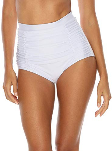 Ocean Blues Women's White High Waisted Bikini Bottoms Tummy Control Swimwear Ruched Beach Briefs Size Medium