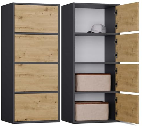 CDF Kommode Schrank Hochschrank mit 4 Türen und Einlegeböden - für Wohnzimmer Schlafzimmer Flur Büro – Grifflose Fronten – Modernes Design und langlebige Ausführung – Anthrazit Eiche Artisan Alma
