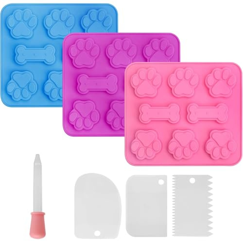 KQDRAVINE Set di 3 Stampi in Silicone, Stampini per Gelato, Gelato per Cani, Tappetini da Forno con Raschietto per Impasto e Alimentatore, per Snack per Cani, Dolci, Gelatine, Biscotti, Budini