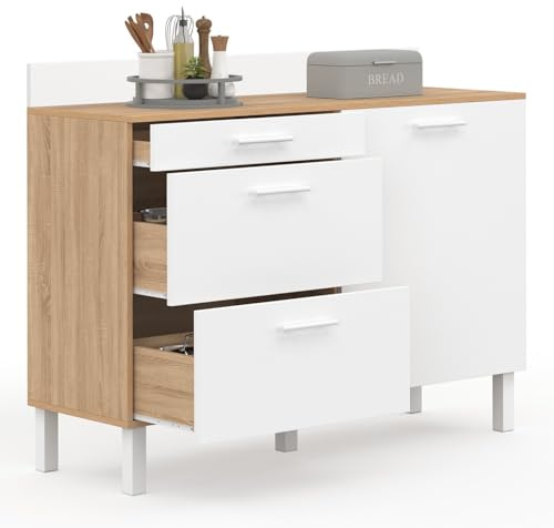 IDMarket - Buffet Bas de Cuisine 120 cm casserolier CINA Plan de Travail H.83 cm 1 Porte + 3 tiroirs façon hêtre et Blanc