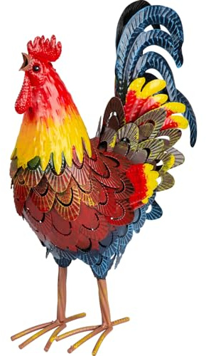 Velibobo Gallo in metallo per esterni, decorazione di pollo da giardino, sculture d'arte del per cucina fattoria cortile giardino prato arredamento (blu)