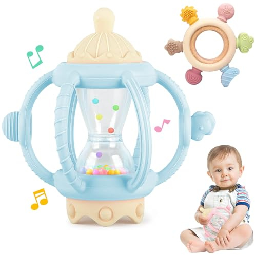 2 Piezas Mordedor Bebe de 3 a 6 Meses, Juguete Sensoriales Sonajero Bebe 6 a 12 Meses, Juguetes Mordedores de Silicona Bebes Pelotas + Aanillo, Montessori Regalos Bebes 6-12 Meses sin BPA (Azul)