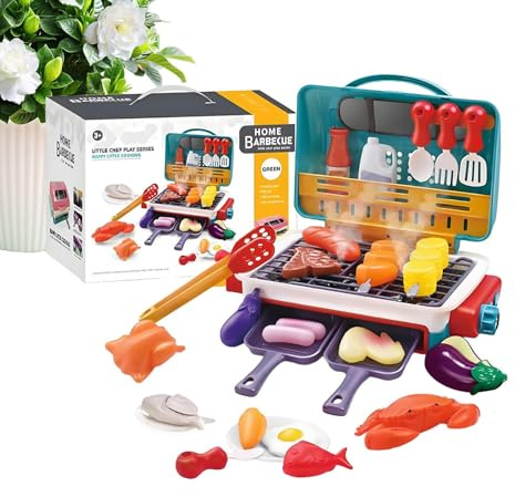 Zyntora Set Di Gioco Per Griglia Barbecue Per Bambini - Kit Barbecue Finto con Suono Sizzling e | Set Di Cucina Con Giocattoli Cibo Per Gioco All'Esterno,Per Compleanno Natale Vacanze E Periodi