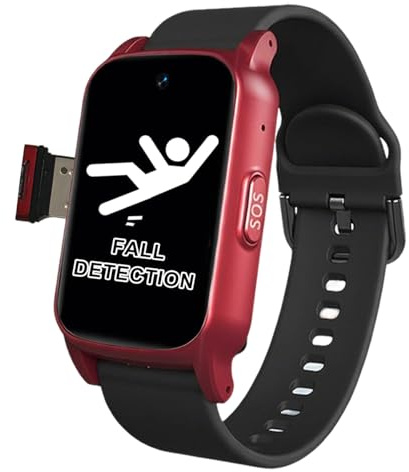 VCYEX Montre Connectée Senior Montre 4G pour Seniors avec Détection De Chute Personne Âgée Bouton SOS Suivi Appel Bidirectionnel pour AlzheimerRed,1.25 * 0.57 * 2.22inch