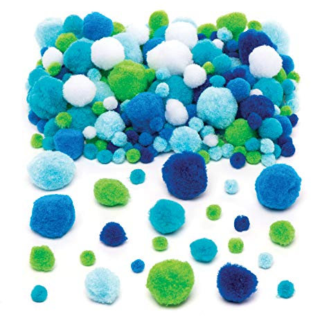 Baker Ross Großpackung Pompons in Meeresfarben (200 Stück) – Großpackung in leuchtenden Farben: Weiß, Blau und Grün