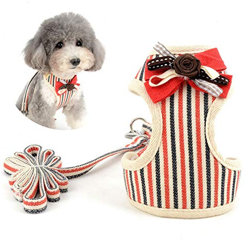Zunea Harnais et Laisse pour Petit Chien Anti Traction Réglable Chihuahua Rayé Formal Tuxedo Veste avec Nœud Papillon Filet Rembourré Chat Harnais Chatons Anti Evasion pour Marcher Rouge M