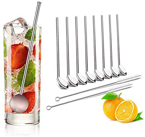 Set di 8 cucchiaini in acciaio inox, riutilizzabili, lavabili in lavastoviglie, 2 in 1, cannuccia e cucchiaio, ideale come cucchiaio per latte macchiato e cocktail, colore: argento