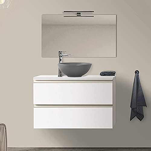 Inbagno Mobile bagno sospeso 100 cm per lavabo da appoggio, serie Master 2 cassetti, completo di top e specchio (Bianco Opaco)