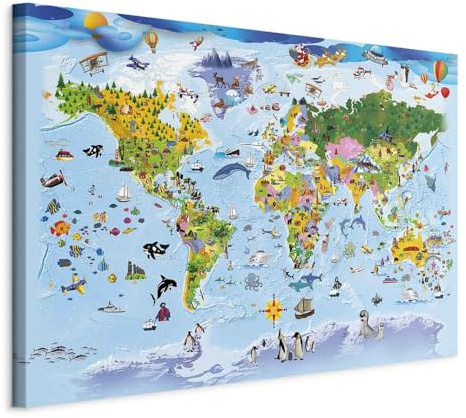 B&D XXL - Akustikbild Weltkarte für Kinder Bilder Akustikschaum Hochleistungsschallabsorber Schallschutz Leinwand 1 tlg Wandbild Raumakustik Schalldämmung Weltkarte blau Tiere