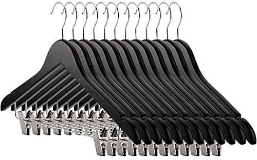 Tosnail 12er-Pack Kleiderbügel aus Holz für Hosen, Kleiderbügel aus Holz mit Stahlclips und Haken, natürliche Massivholz-Kollektion, Rockbügel, Standard-Kleiderbügel – Schwarz