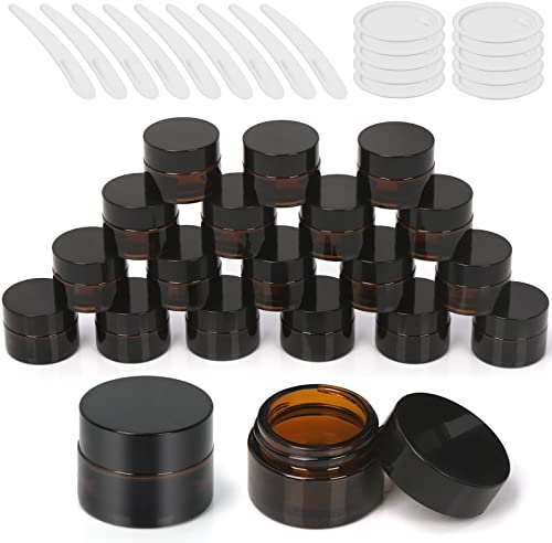 Wokape 20-pack 20 ml bärnstensfärgade glasburkar med spatlar för foder, läckagesäkra runda kosmetiska burkar för salvor lotionkrämer