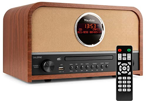 Audizio Salerno - DAB Radio Tuner, stilvolles Retro Radio mit kristallklarem Sound für EIN tolles Hörerlebnis, CD-Player, Bluetooth, USB, MP3, Radiospeicher, großes Display, Fernbedienung - Braun