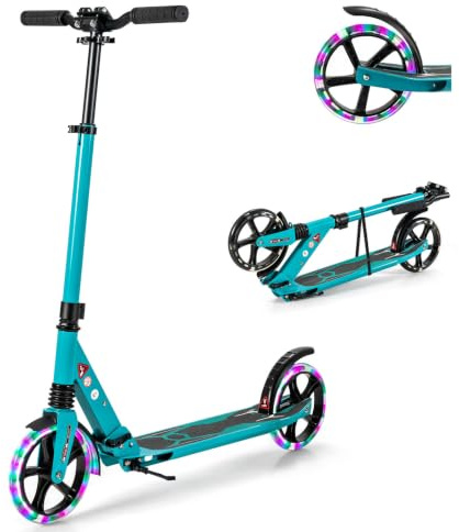 GYMAX Foldable Kick Scooter, Height Adjustable City Scooter with Light Up Wheels, Shock-Absorbing System, Non-Slip Deck & Rear Brake, Lightweight Scooters for Kids Adults and Teens (Green)
