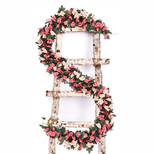 LSRVNM Künstliche Rosenrebe 5 × 250cm Künstliche Blumengirlande Gefälschte Rosen Seidenblumen Hängende Girlande für Hochzeit Party Garten Dekor (Rosa)