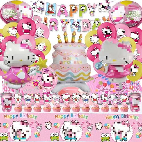 Nutrir 101 PCS Kitty Partygeschirr, Party Supplies Set, Decorations Partygeschirr, Tischdeko Kindergeburtstag Party Zubehör Luftballon Tischdecke Teller Becher Servietten