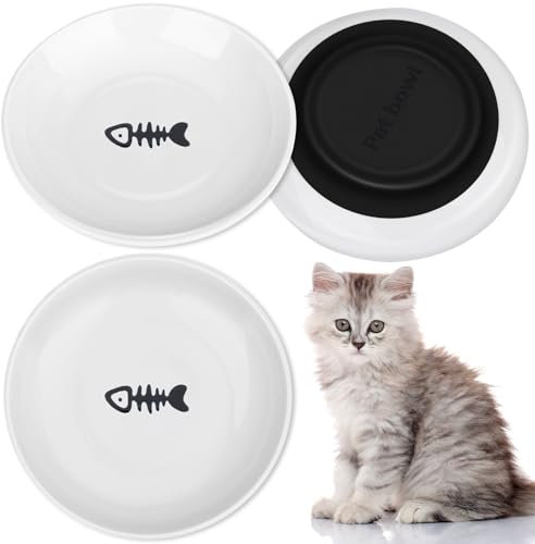 Otauoaea Katzennapf Keramik 3er Set, Futternapf Katze mit Rutschfestem Gummiboden, Fressnapf Katze zur Erleichterung von Whisker-Müdigkeit, Katzen Napf, Katzennäpfe, Futternäpfe für Katzen und Hunde
