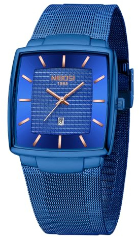 NIBOSI Men Watches Luxury Military Waterproof Sport Quartz Analog Square Wrist Watch for Men with Stainless Steel Mesh Band Date Calendar(Blue)