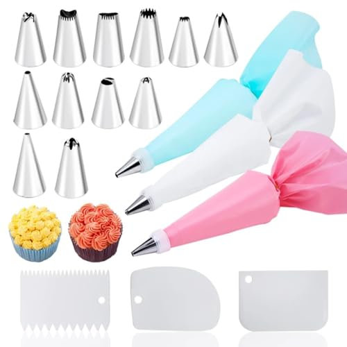 AromeLivii Spritzbeutel mit Tüllen 24 Stück, Spritztüllen Set, Torten Zubehör mit Spritztüllen Edelstahl, Wiederverwendbar Silikon Spritzbeutel für Cupcakes, Keksen Torten Dekorieren, Kuchen