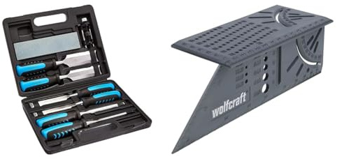 Amazon Basics Jeu de 8 ciseaux à bois avec guide d'affûtage, pierre à aiguiser et étui de rangement & wolfcraft 5208000 - Équerre 3D d'onglet - Traçage angle de 45° à 90° - 150 x 275 x 66 mm