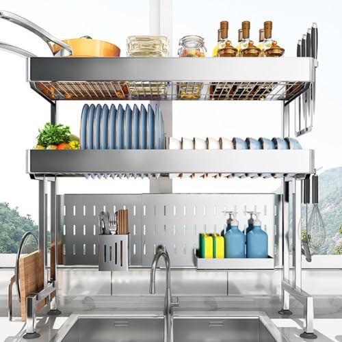 Escurreplatos de Acero Inoxidable sobre Fregadero, Alta Capacidad Escurridor Platos, Escurridor de Platos Ajustable, Escurreplatos Cocina con Cesta de Cubiertos, para mostrador