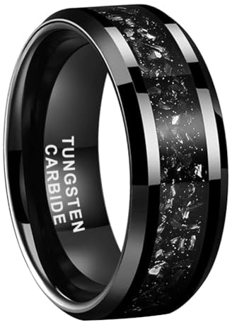TUTISS 8mm Black Tungsten Rings for Men Women Meteorite Shavings Inlay Promise Engagement Wedding Bands Beveled Edges Polished Shiny Comfort Fit Size 9