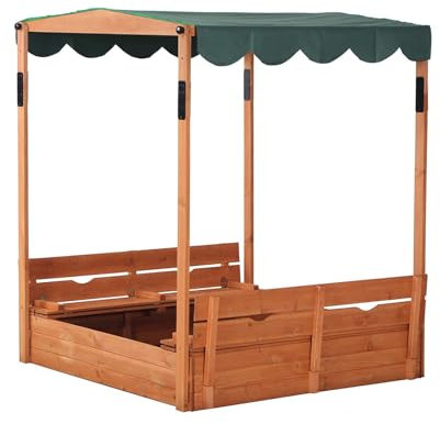 KGXUELING Arenero de Madera con Techo Ajustable, Techo de Altura Ajustable, 2 Asientos Plegables, Arenero con Tapa para Juego de Madera Regalo para Niños de 2 A 8 Años