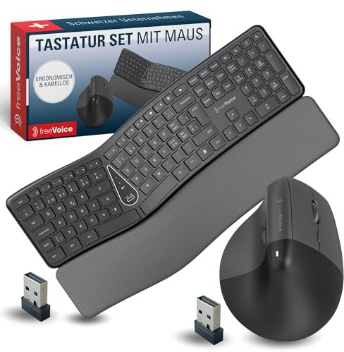freeVoice Ergonomisches Tastatur-Set inkl. Maus I Kabellose Laptop-Tastatur mit geteiltem Tastenfeld I 6D Vertikale Maus mit optischem Sensor I Keyboard & Office-Maus mit 10m Reichweite