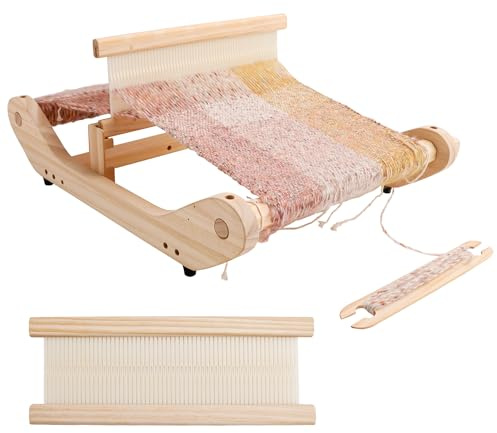 PURCOULEUR 12 Inches Wooden Weaving Loom for Adults, Multi-Craft Frame Loom for Beginners, Threads Warping Frame with Pegs and Yarn Stand, Weaving Loom Kit with Heddle Shed Stick
