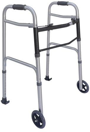 Dr. Aid 2 Button Folding Walker with Wheels, Adjustable Height, Gray