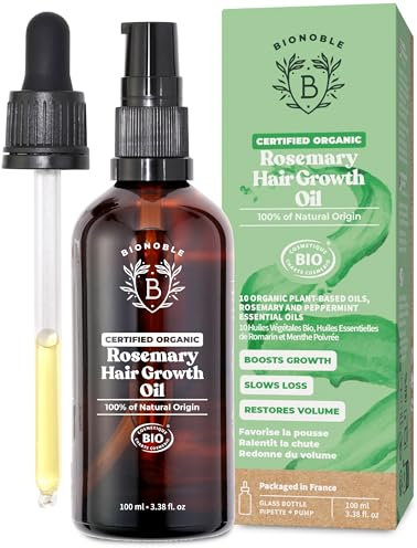 BIONOBLE Olio di Rosmarino per Capelli Bio - Stimola Crescita e Riduce Caduta - Olio Essenziale Rosmarino, Ricino, Argan e Jojoba - Rosemary Oil for Hair Growth - Bottiglia di Vetro + Pipetta - 100ml