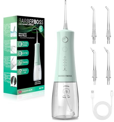 BarberBoss idropulsore dentale, Irrigatore Orale, filo interdentale elettrico senza fili, 5 modalità di pressione, filo interdentale impermeabile IPX8, irrigatore orale portatile (Verde Pastello)