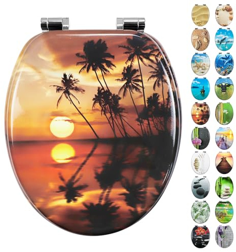 Fanmitrk WC Sitz mit Absenkautomatik, Hochwertiger Toilettendeckel Stabil und Wackelt Nicht, MDF Holzkern Klodeckel, Einfache Montage Toilettensitz, viele Schöne Motive (Sonnenuntergang)