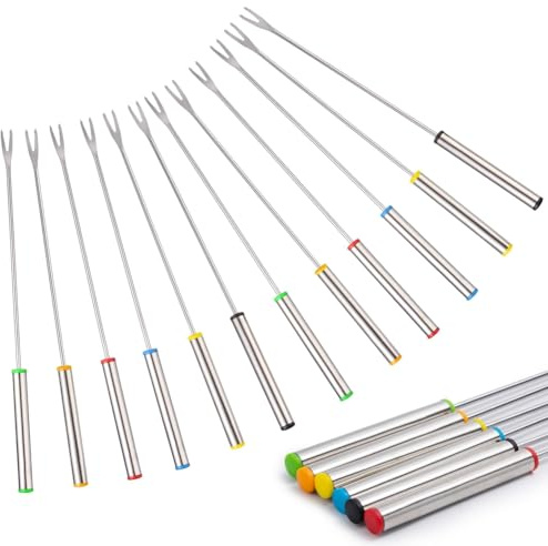 Fangxuee 12 Tenedores de Fondue de Acero Inoxidable Codificados por Colores de 9,5 Pulgadas, Tenedor de Fondue de Queso de Acero Inoxidable para Frutas con Bloqueo de